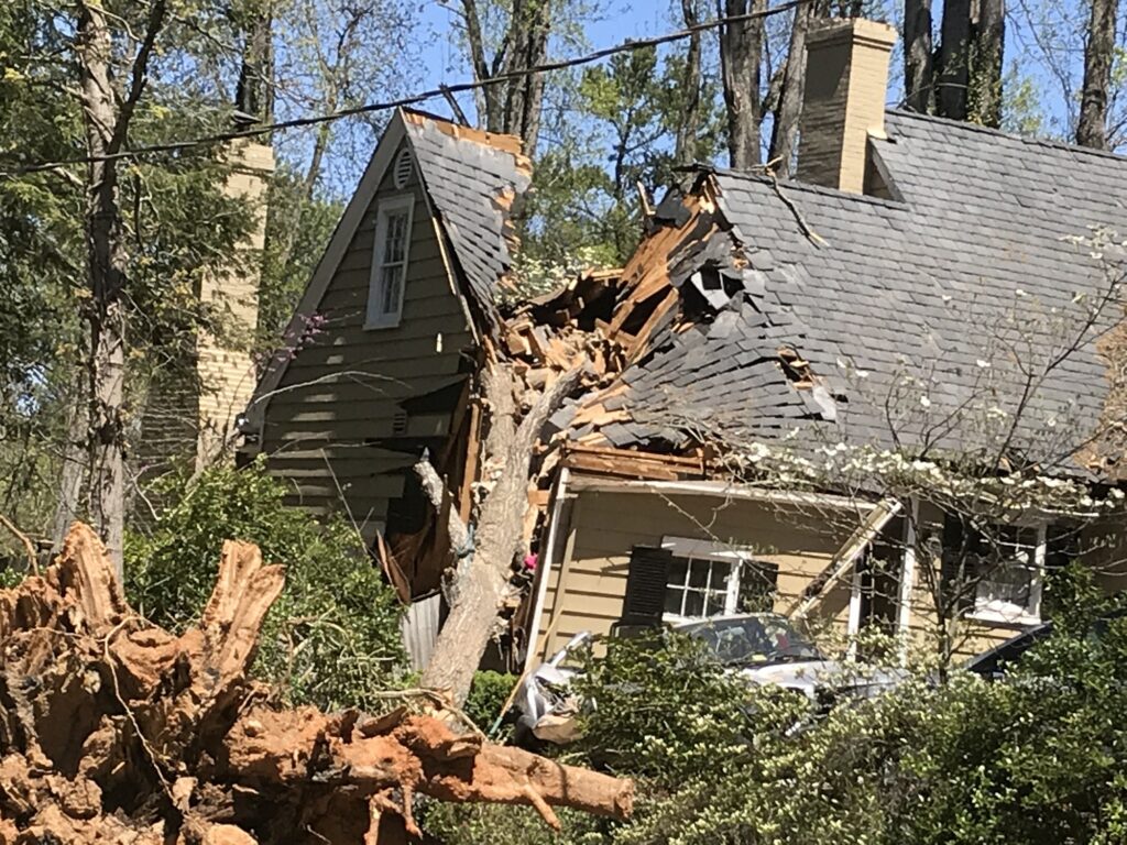 Tree on a house due to Hurricane and tornado storm damage